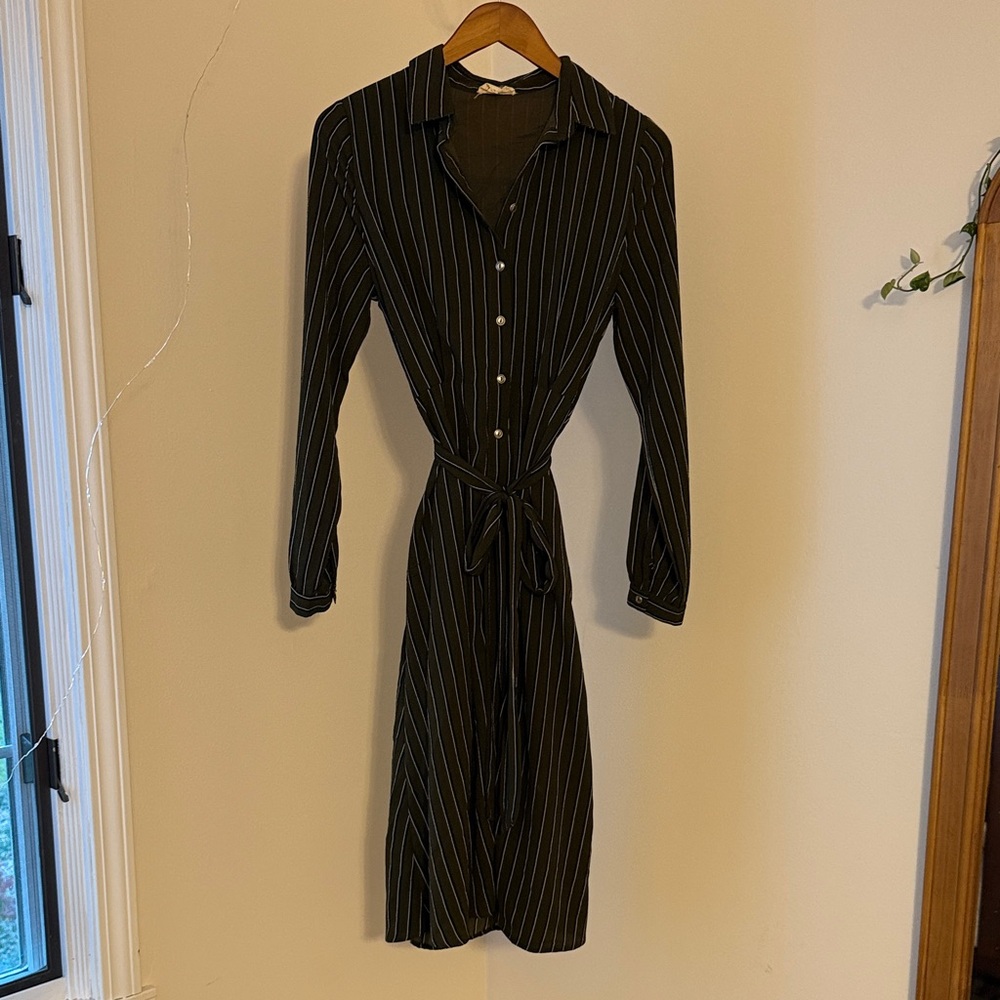Orange Creek Navy Blue and Olive Striped Long Sleeve Dress